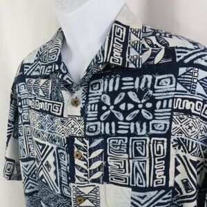 Caribbean Hawaiian Aloha Shirt Mens L Blue White Slub Silk Tapa